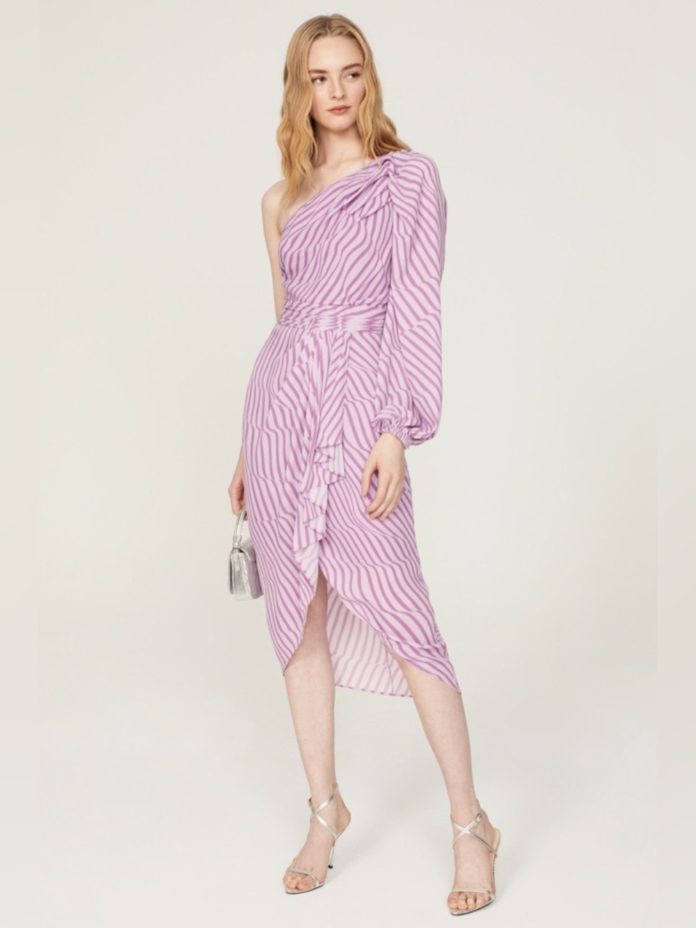 Toccin NY One Shoulder Asymmetric Stripe Midi Dress Pink Purple Ruffle Womens 4